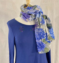 Load image into Gallery viewer, Frédérique’s Hydrangea Design 72” X 18” Scarves. Available in both Modal ($40) and Silk Fabric ($48)