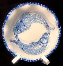 Load image into Gallery viewer, Ceramic Flat Wavy Bowl in Hydrangea and Cape Cod Blue Fish 12&quot; Round
