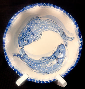 Ceramic Flat Wavy Bowl in Hydrangea and Cape Cod Blue Fish 12" Round
