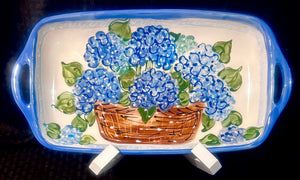 Ceramic Rectangular Platter with handles - 8" x 14.5" in Hydrangea with/without Nantucket Basket
