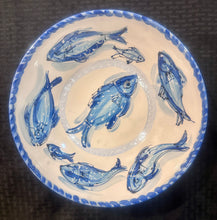 Load image into Gallery viewer, 12&quot; Ceramic Mixing Bowl in Hydrangea and Cape Cod Blue Fish. Also available in 10&quot;
