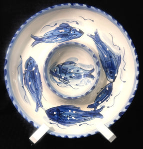 12" Ceramic Chip 'n' Dip Server in Hydrangea, Cape Cod Blue Fish and Nantucket Basket