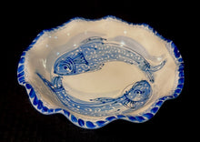 Load image into Gallery viewer, Ceramic Flat Wavy Bowl in Hydrangea and Cape Cod Blue Fish 12&quot; Round
