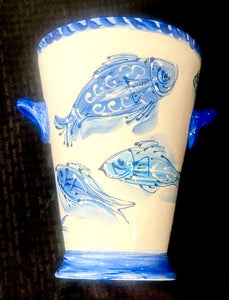 10" X 7.5" Ceramic Champagne/Wine Cooler/Vase in Hydrangea, Cape Cod Blue Fish