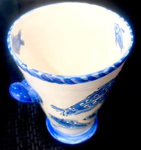 10" X 7.5" Ceramic Champagne/Wine Cooler/Vase in Hydrangea, Cape Cod Blue Fish