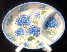 Load image into Gallery viewer, Ceramic Oval Hydrangea Chip &#39;n&#39; Dip Server 12&quot; X 9&quot; Hydrangea with/without Nantucket Basket
