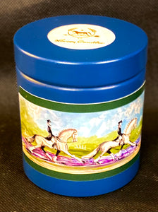 Horsey Candles! Pas de Deux in Blue or Light Blue covered tin vessel!