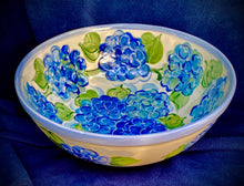 Load image into Gallery viewer, 12&quot; Ceramic Mixing Bowl in Hydrangea and Cape Cod Blue Fish. Also available in 10&quot;
